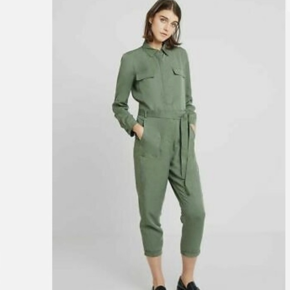 Banana Republic Utility Jumpsuit Flight Jacket Green Jumpsuit Pants Tencel Sz 14